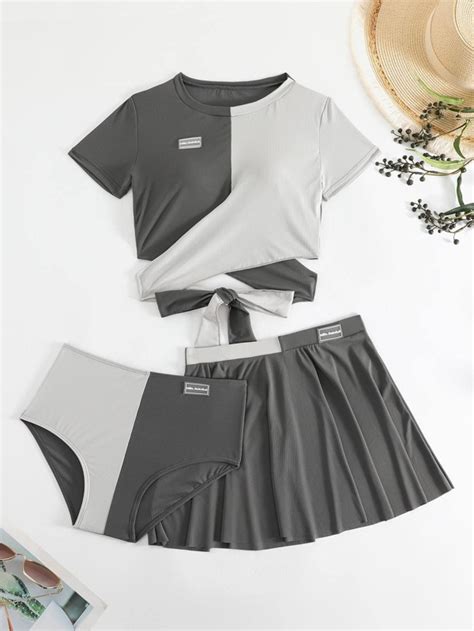 Colorblock Tie Back Bikini Swimsuit With Beach Skirt SHEIN USA