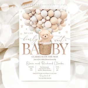 Editable Teddy Bear Hot Air Balloon Baby Shower Invitation Gender Neutral Teddy Bear Baby Shower