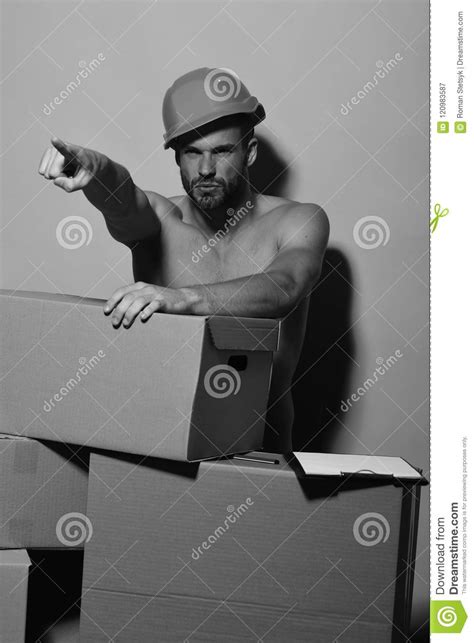 Guy With Torso Stands Naked Behind Boxes Stock Image Image Of Bristle Deliveryman
