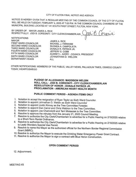 Oswego County TodayCity of Fulton Council Meeting Agenda 2-4-2025