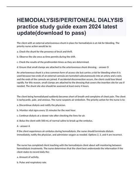 HEMODIALYSIS PERITONEAL DIALYSIS practice study guide exam 2024 latest