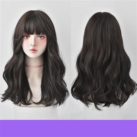 Buy Wig Female Long Hair Natural Full Head Set Long Curly Hair Air Bangs Fluffy Medium Long Hair