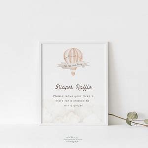Up Up And Away Baby Shower Diaper Raffle Sign And Ticket Hot Air Balloon Gender Neutral