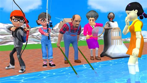 Scary Teacher 3D Vs Squid Game Catch Fish In Lake Vs Wooden Homemade