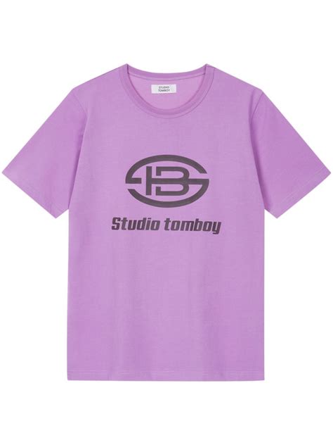 Studio Tomboy Logo Print Cotton T Shirt Purple Farfetch Au
