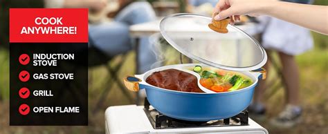 Amazon Nonstick Hot Pot With Divider Blue Shabu Shabu With Silicone Spoons Divided Cooker