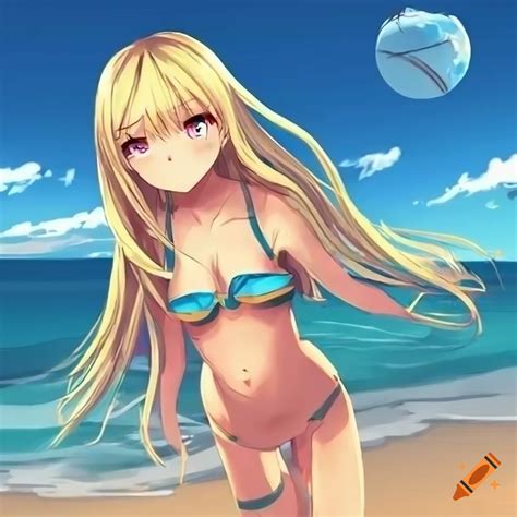 Anime Girl With Long Blonde Hair In Beach Outfit At The Beach On Craiyon