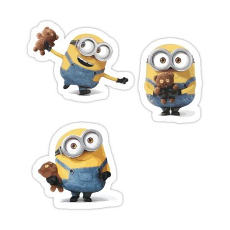 Three Minion Stickers With One Holding A Teddy Bear