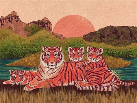 A Painting Of Three Tigers In Front Of A Lake And Castle With The Sun