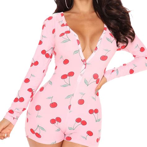 Amazon.com: Womens Sexy Onesie Pajama with Butt Flap Long Sleeve V Neck