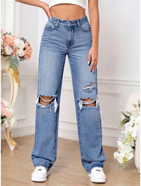 Buy SHEIN Tall Ripped Straight Leg Jeans Online Topofstyle