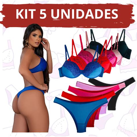 Kit 5 conjuntos de lingerie calcinha e sutiã detalhes em Renda