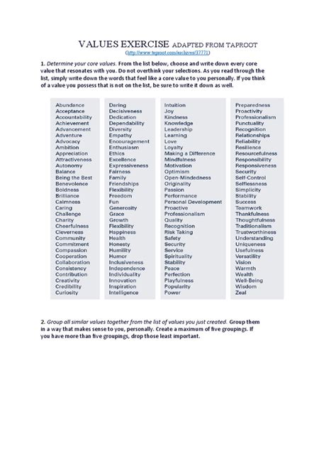 values exercise adapted  taproot