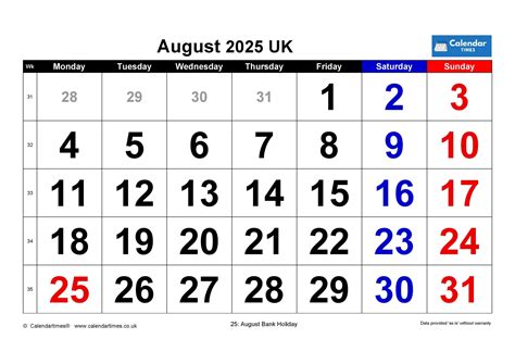 Calendar Holidays in August 2025