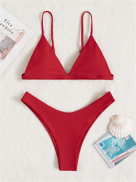 Shein Swim Bikini De Micro Tri Ngulo Liso De Corte Alto Para Playa De