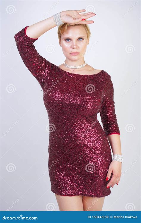 Cute Caucasian Curvy Girl With Short Blonde Hair And Plus Size Body