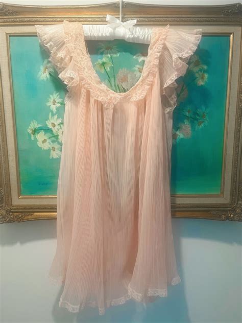 S Pink Pleated Nylon Babydoll With Lace Trim S Coquette Lingerie Etsy