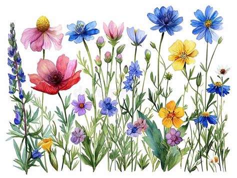 Set in Watercolor Style of Rainbow Country Flowers, Different Types ...