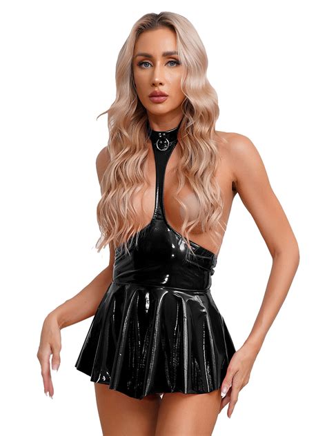 Yeahdor Womens Open Cups Mini Dress Exotic Lingerie Halter Ruffled Latex Dress Wet Look Rave