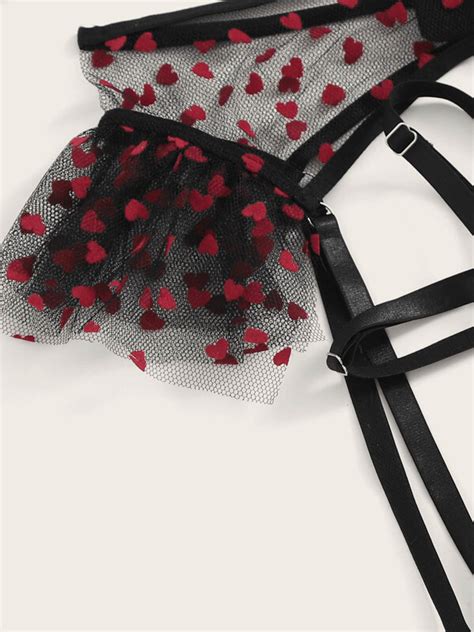 Heart Print Garter Sheer Lingerie Set Shein