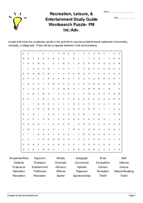 Recreation Leisure And Entertainment Study Guide Wordsearch Puzzle Pm