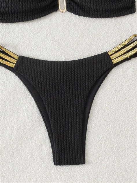Ruched Cable Knitted Bikini Set With Fine Shoulder Straps And Separated Swimsuit Set Shein Uk