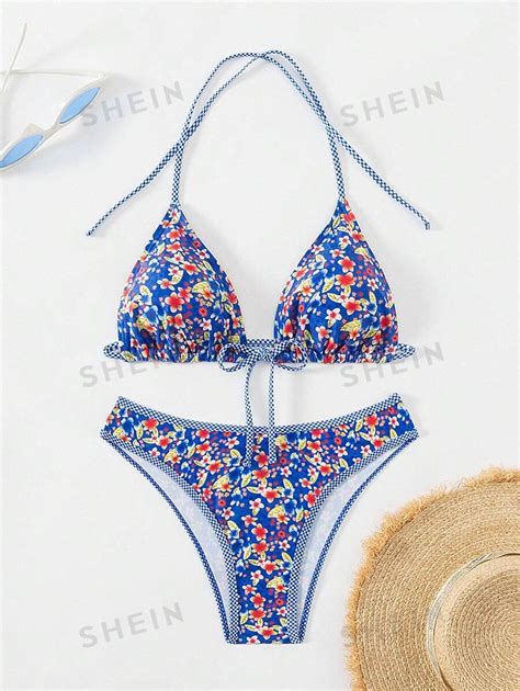 SHEIN Swim Conjunto de Maiô Bikini Floral Esmeralhadinho de Duas Peças