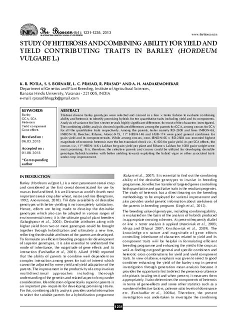 Pdf Study Of Heterosis And Combining Ability For Yield And Yield