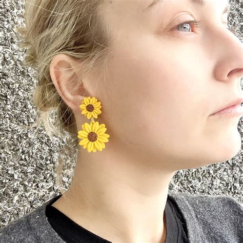 Sunflower Dangle Earrings Handmade With Polymer Clay Yellow Etsy