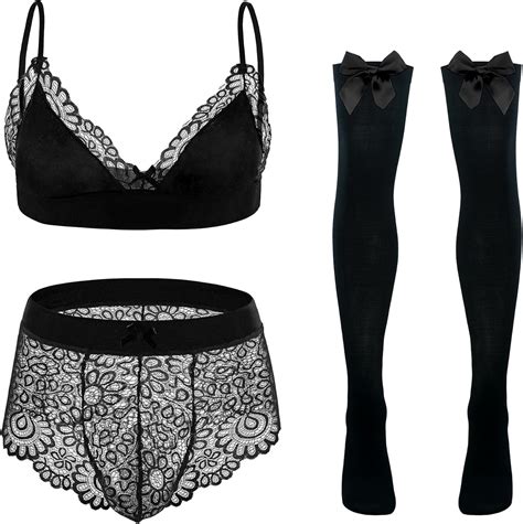 Amazon SEAUR Men Sissy Underwear Floral Lace Bra Stockings Lingerie Set Nightwear Cross