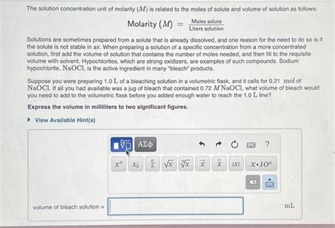 Solved Molarity (M)= Liters solution Moles solute | Chegg.com