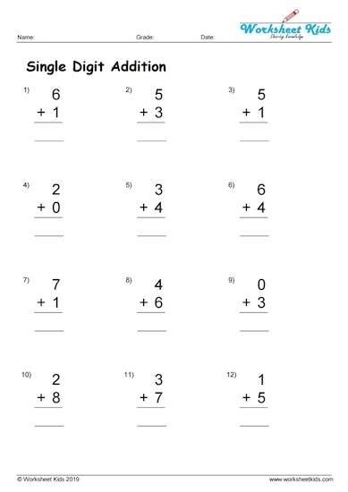 Single Digit Addition Worksheets pdf Free Printable - Worksheets kids