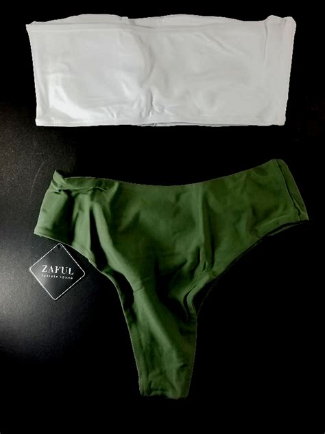 NWT High Cut Two Tone Bandeau Bikini Set Army Green Size L Property Room