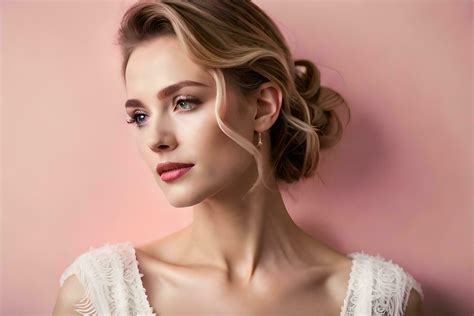 Beautiful Blonde Woman With Wedding Dress On Pink Background AI Generated Stock Photo