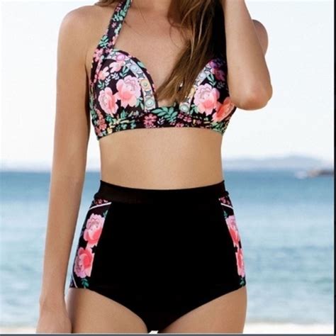 Swim 5rate Rose Floral High Waisted Halter Bikini Set Poshmark