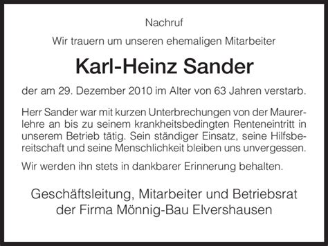 Traueranzeigen Von Karl Heinz Sander Trauer Hna De