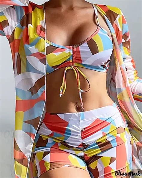 Olivia Mark Piece Colorblock Drawstring Bikini Set With Matching