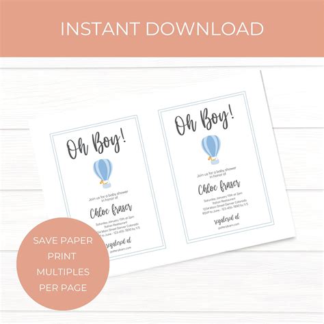 Blue Hot Air Balloon Baby Shower Invitation Editable Template Etsy