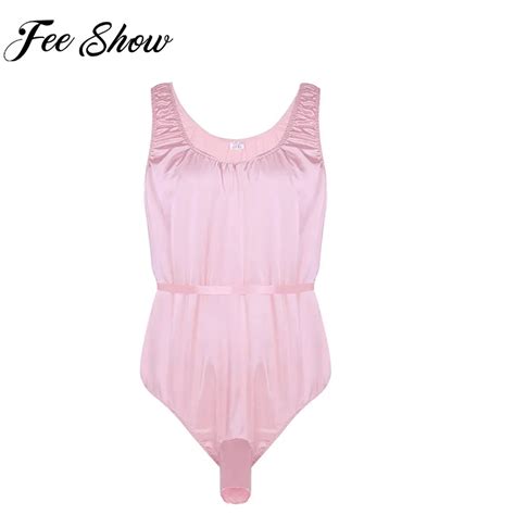 Gay Mens Pink One Piece Bodysuit Sissy Underwear Lingerie Sleeveless Open Sheath Bodysuit