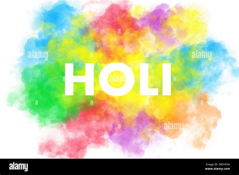 Holi Word On Burst Of Colorful Powder White Background Abstract