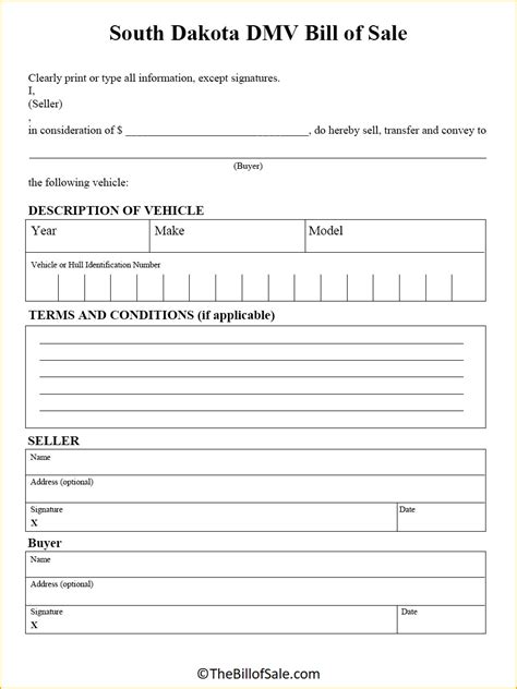 South Dakota Bill Of Sale Form For General Car Vehicle Dmv