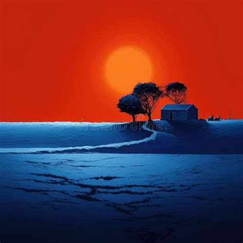 Minimalistic Landscape In Complementary Colors Blue And Orange Stock
