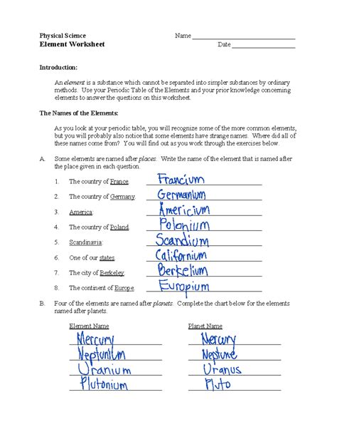 Physical Science Element Worksheet Answer Key 9