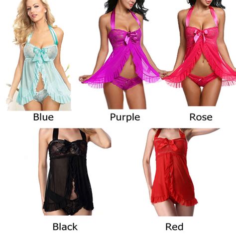 Sexy Perspective Dress Bow Lace Pajamas Women Lingerie Pajamas Sleep Suit Clothing Apparel