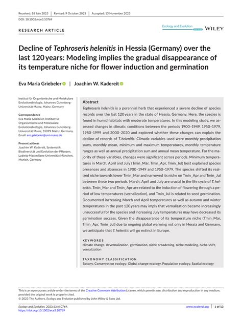 Pdf Decline Of Tephroseris Helenitis In Hessia Germany Over The