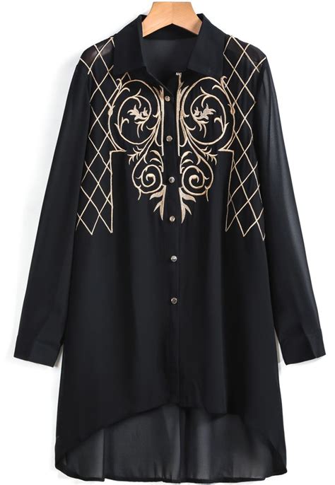 Black Long Sleeve Embroidered Dipped Hem Blouse Shein Sheinside