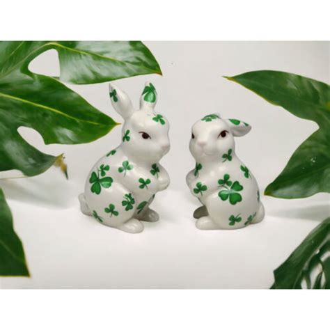 Ceramic Irish Easter Bunny Rabbit With Shamrock Pattern Salt And Pepper