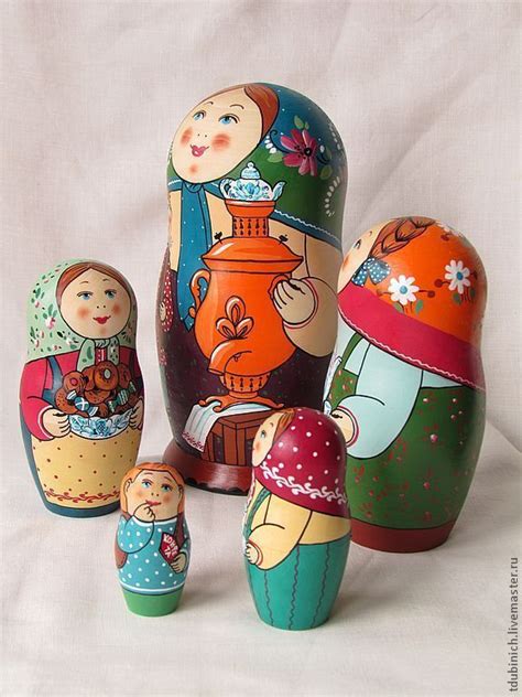 Матрешка 5-местная, матрешка разборная"Чаепитие с оранжевым самоваром ...