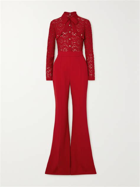Elie Saab Pussy Bow Corded Lace And Crepe Jumpsuit In Red Modesens