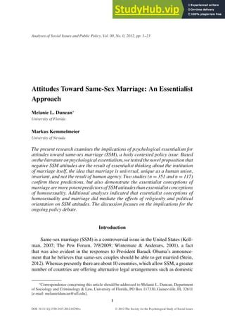 Attitudes Toward Same Sex Marriage An Essentialist Approach Pdf